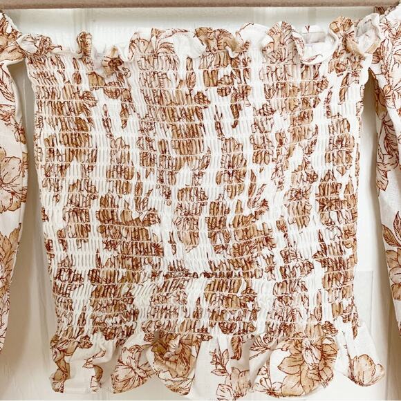 Petal + Pup Gabriella Cream Floral Linen Blend Smocked Off The Shoulder Top - Picture 6 of 8